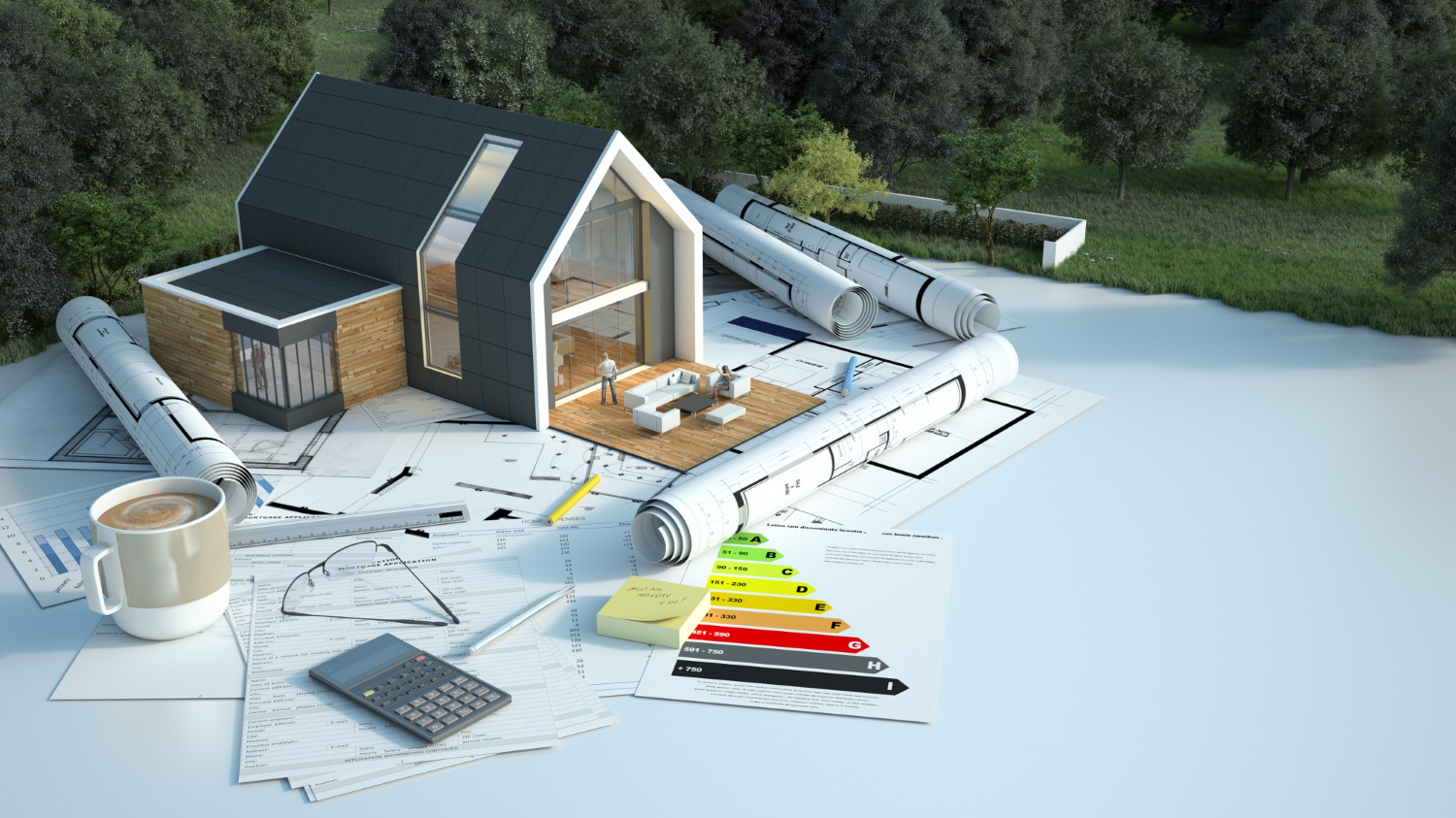 3d-rendering-house-with-blueprints-energy-charts-other-documents-field